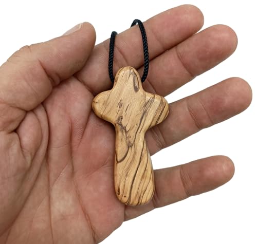 Zuluf Natural Wood Cross Pendant Necklace, Hand Carved Olive Wood Cross Necklace for Men Women, 2.5 Inch Bethlehem Holy Land Pendant on Cord, Handmade Christian Gift, Spiritual Keepsake