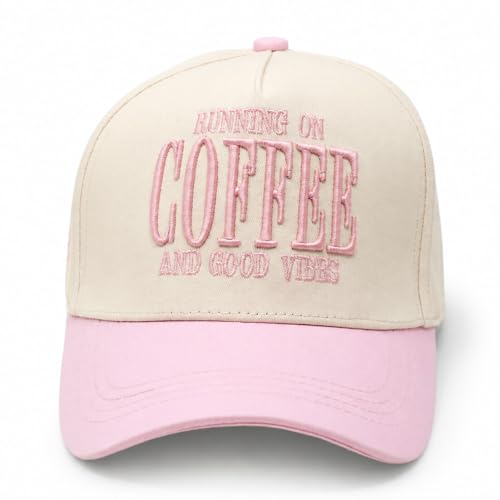 THE INSPIRATION CO. Running on Coffee Embroidered Hat - Trendy Coffee Lover Cap, Adjustable Snapback Baseball Hat - color: Pink