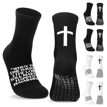 Glitopper Men's Cross Grip Soccer Socks Christian - color: Black, style: Isaiah 60:22