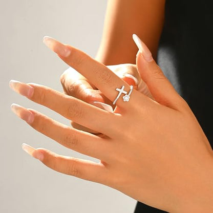 925 Sterling Silver Cross Flower Adjustable Ring For Womem - color: Silver