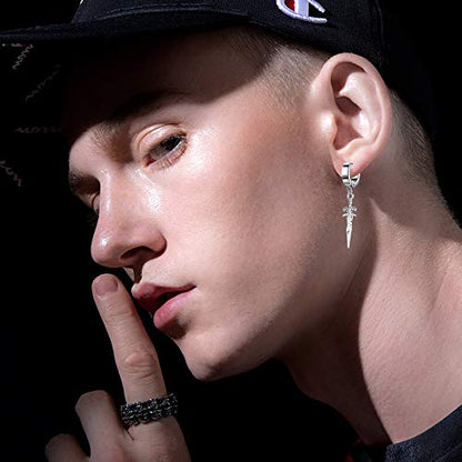 Unisex Punk Hip Hop Stainless Steel Silver Black Gold Tone Lock Thunder Lightning Bolt Dangle Huggie Hoop Earrings Gift for Women Men Boy Teens - color: Silver-Cross Sword