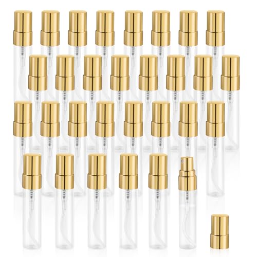 30 Pcs 5ml/0.17oz Mini Spray Bottle Glass Fine Mist Perfume Atomizer Empty Sample Containers with Golden Lids for Travel Cleaning Essential Oils - size: 5 ml