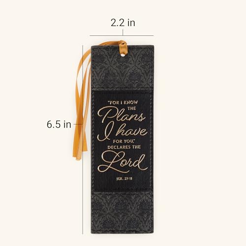 Christian Art Gifts Premium Faux Leather Bookmark: I Know the Plans - color: Blac & Charcoal Floral/Know the Plans