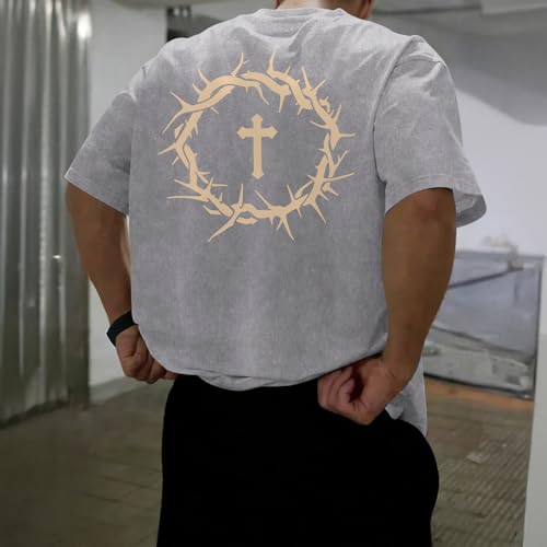 Mens Faith Over Fear Christian Shirts Jesus God Religious Bible Verse Cross Tshirt Oversized Acid Wash Graphic Tees - color: Light Gray, size: XX-Large