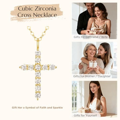 NORBU S925 Cubic Zirconia Cross Necklace for Women, Womens Cross Necklaces - color: Gold