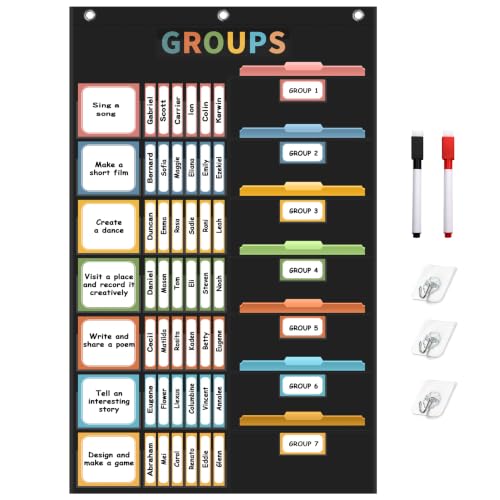 REGELETO Boho Small Group Management Pocket Chart with 114 Cards, Large Size 46 x 26.3 inch Classroom Small Group Organizer for School Teacher Homeschool Learning Supplies (Black) - size: 56-Pockets
