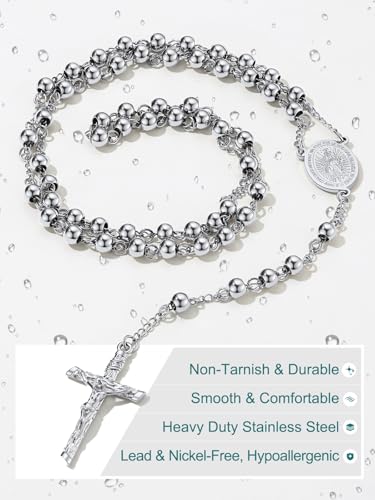 Supcare Rosary for Men Women Catholic Necklace Rosary Beads Customized - color: B01-Virgin Mary Silver with Case