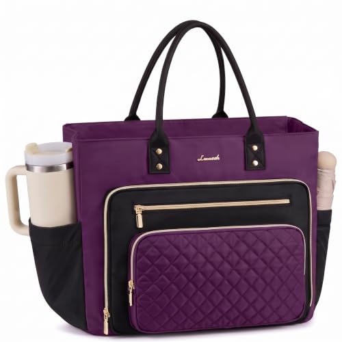 LOVEVOOK Teacher Tote Bag for Women Work, Laptop Bag Work Tote Bag Nurse Bags With Large Cup Holder, Professional Computer Briefcase Business Large Purses Handbag, Diaper Bag Mother Gift, Black-Purple - color: Black-purple, size: 17.3 inch