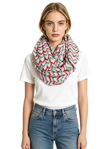 Lina & Lily Holiday Christmas Pattern Print Women's Infinity Scarf Lightweight - color: Red Green White, Chevron