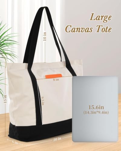 Lzerking 3 Pack Canvas Tote Bag with Zipper and External Pocket