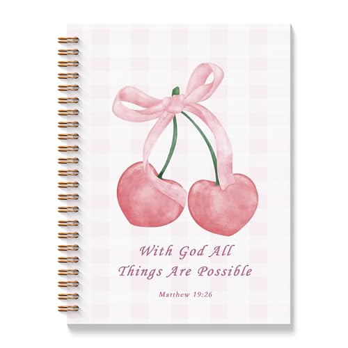 Coquette Pink Bow Cherry Christian Spiral Notebooks, With God All Things are Possible Bible Journal, Religious Journal for Women, Coquette Girly Office Supplies, 5.5x8.3 Inches - color: Cherry Bible