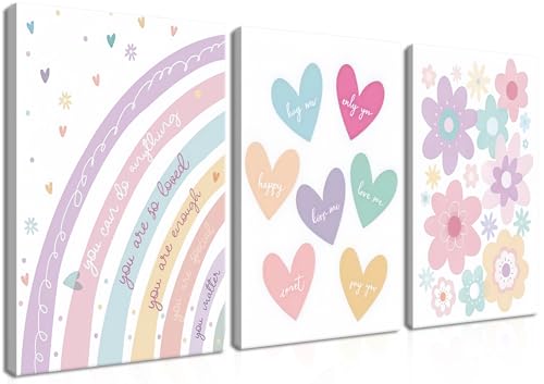 3 Pieces Nursery Boho Wall Art, Framed Cartoon Rainbow Canvas Prints, Colorful Heart Wall Decor, Cute Flower Posters Artwork, Pink Girls Room Aesthetic for Bedroom Dormitory – 12x16in - color: Rainbow, size: 16"L x 12"W