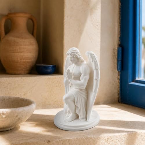 White Kneeling Praying Male Angel Statue, Plastic Figurine with Hands Clasped for Tabletop, Shelf and Desk Display