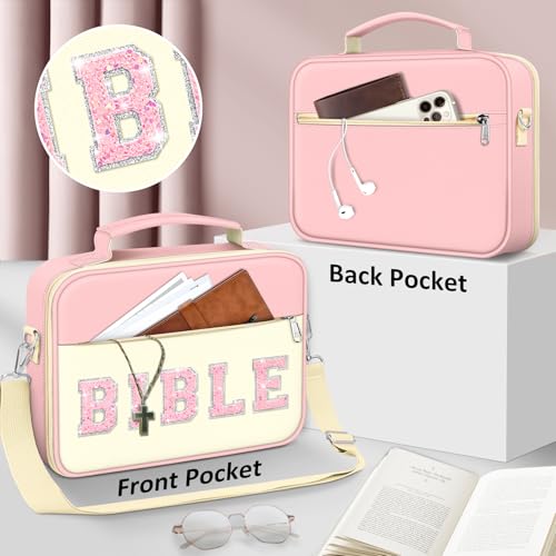 FINPAC Bible Cover with Shoulder Strap, Church Book Carrying Bible Case Bag - color: Letter Pink