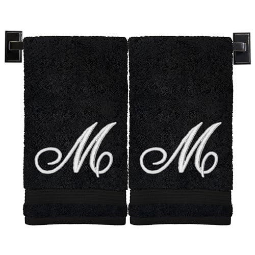 Black Hand Towels for Bathroom - Monogrammed | Luxury Cotton Turkish Towels | Embroidered in USA | Set of 2 | Choose Set Color and Letter | A - Z | Script Font - color: Black