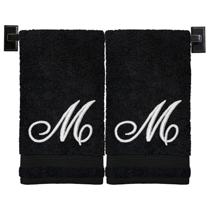 Black Hand Towels for Bathroom - Monogrammed | Luxury Cotton Turkish Towels | Embroidered in USA | Set of 2 | Choose Set Color and Letter | A - Z | Script Font - color: Black