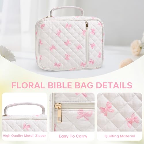 Bible Bag Cover Case for Women Study Supplies Kit Church Book Holder - color: Pink Bow