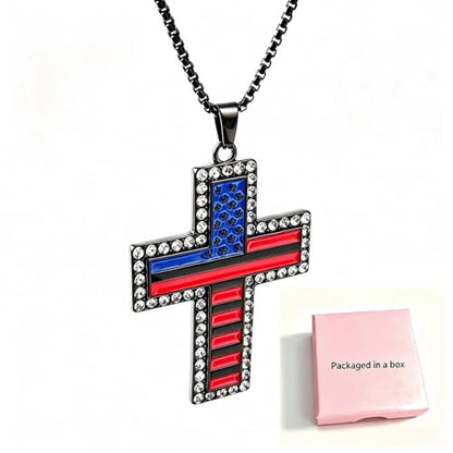 American Flag Cross Pendant Necklace, Silver-Tone, Stars and Stripes, Patriotic Religious Jewelry,for a gift box - color: Black1