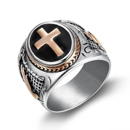 JAJAFOOK Men's Silver-Tone Stainless Steel Cross Ring - color: Rose Gold