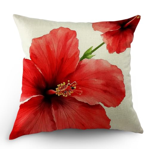 Moslion Hibiscus Throw Pillow Cover Flower Tropical Plants Watercolor Blooming Bright Nature Summer Red 18x18 Inch Square Pillow Case Cushion Cover for Home Car Decorative Cotton Linen - color: Red Hibiscus