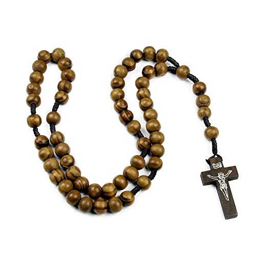 COLORFUL BLING Natural Wooden Catholic Rosaries Wood Crucifix Prayer Beads Pendant Necklace Prayer Jesus Religious Cross Rosary Necklace Handmade Jewelry - color: dark textured