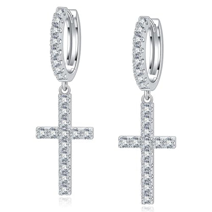 Moissanite Sterling Silver Cross Earrings for Women Huggie Drop - color: Cross Dangle (Silver)