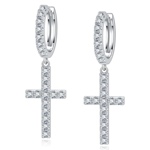 Moissanite Sterling Silver Cross Earrings for Women Huggie Drop - color: Cross Dangle (Silver)