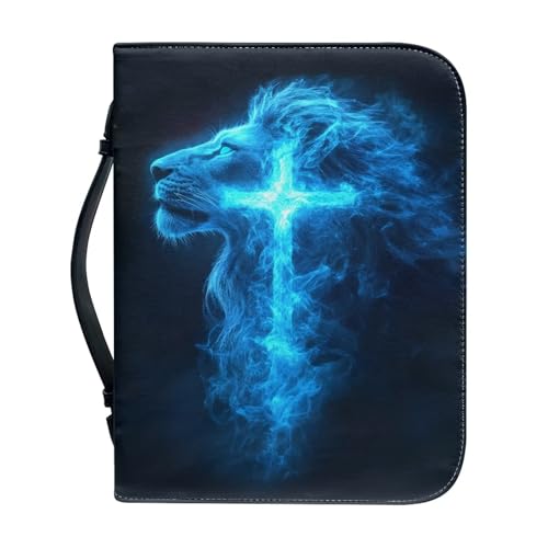 Bible Covers for Women Blue Lion Cross Waterproof Bible Holder Case for Man Portable Bible Protector PU Leather Bible Organizer Bag Large Size - color: Blue Lion Cross, size: 2XL