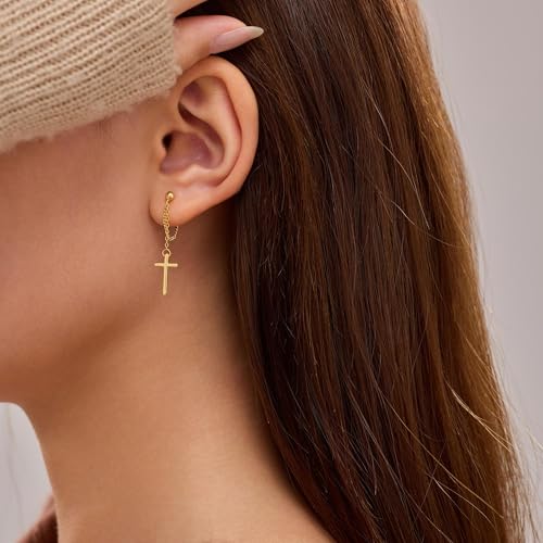 925 Sterling Silver CZ Moon Cross Heart Teardrop Chain Earrings for Women - color: Cross-Gold