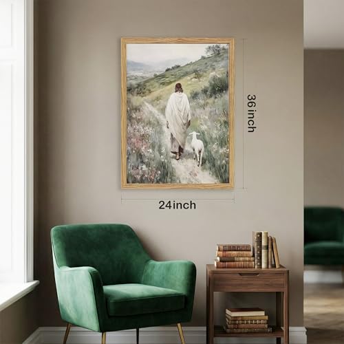 Christian Wall Art, Jesus the Good Shepherd Canvas Painting, Lamb Biblical Scene, 3D Textured Sandstone Style Wood Framed Artwork for Living Room Prayer Room Bedroom 36x24 Ready to Hang - color: Jesus and Lamb, size: 36"L x 24"W
