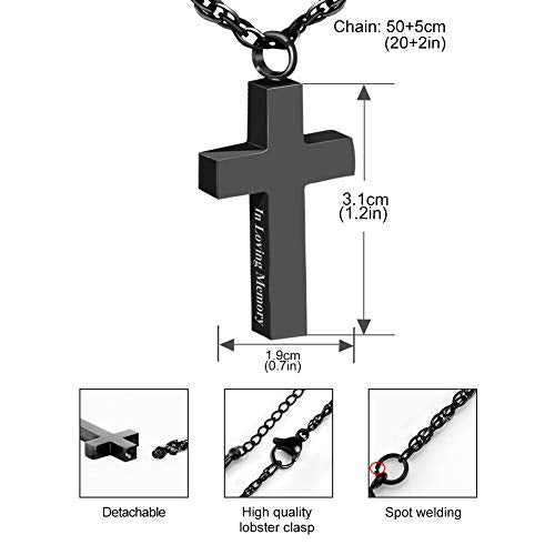 Cremation Cross Necklace for Ashes Stainless Steel Cross Urn Necklace Ashes Holder Memorial Jewelry-In Loving Memory - color: Black, style: Non-customize