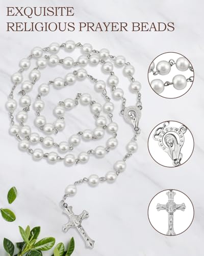 Rosary Beads for Women - Catholic Rosary Beads with Cross, Pink Crystal Rosary Necklace with Velvet Pouch, Religious Gifts for Women - color: White