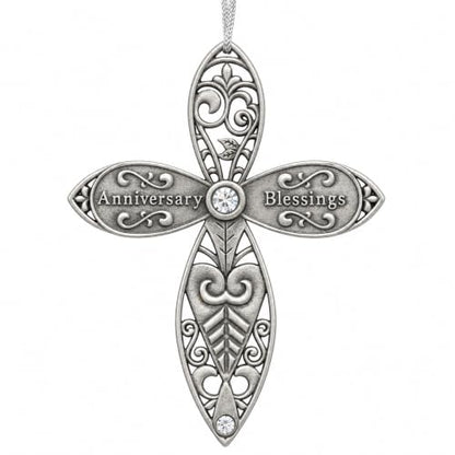 Anniversary Blessings Cross Ornament, Decorative Jeweled Cross Christmas Ornament, Religious for Couple, Husband, Wife, Parents or Grandparents, Christian Cross with Gems, 3.5 Inch