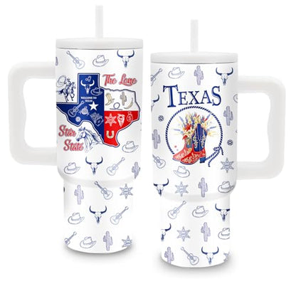 Western Texas Gift, 24 oz Texas Tumbler with Handle and Straw, Insulated - color: Texas