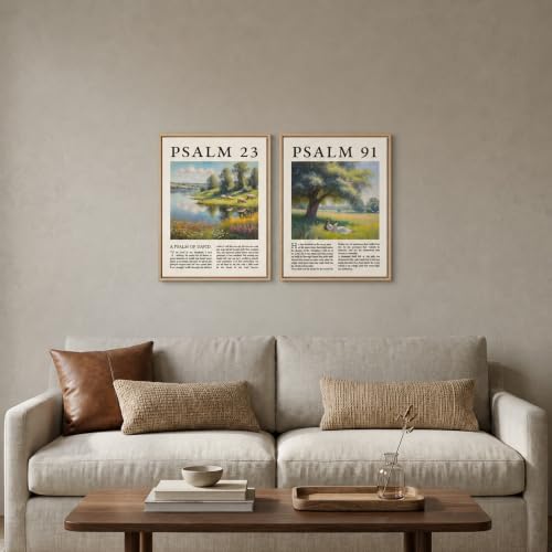 Religion Canvas Wall Art 2Pcs Framed Psalm Bible Verse Landscape 16x12 Inch