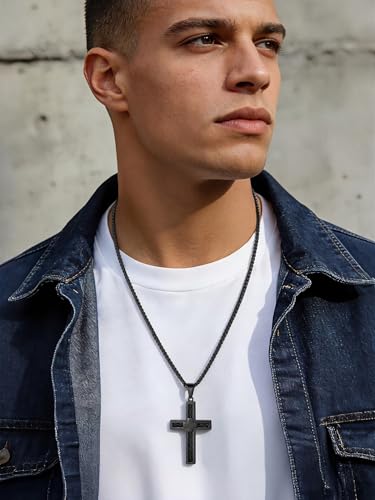 FaithHeart Stainless Steel Cross Necklace for Men, Silver/Black/Gold Cross Chains for Men Religious Amulet Necklaces Christian Gifts for Dad - style: Twist Cross-Black
