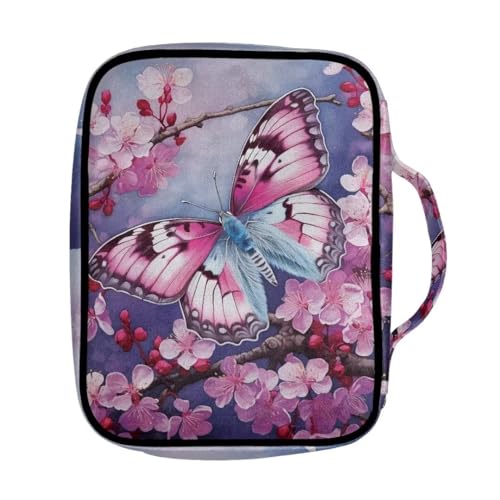 Coldinair Butterfly Bible Cover for Women Nylon Bible Holder Carrier Peach Blossom Carrying Organizer Bible Bag, Zipper and Pockets for Standard Large Size Bible - color: Butterfly Peach Blossom