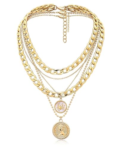 MJartoria Layered Necklaces for Women Trendy Retro Coin Pendant - color: Golden, style: Zodiac-Cancer-3PCS Layered