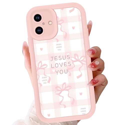 Cute Bow Phone Case for iPhone 16 6,1", Aesthetic Jesus Bible Verses Pink Ribbon Bowknot Pattern for Women Girls, Soft Silicone Protective Shockproof Phone Cover, Girly - color: Girly, size: for iPhone 16