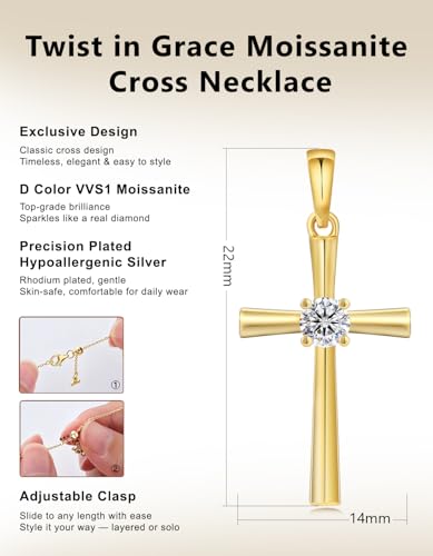 KRKC&CO Moissanite Cross Necklace for Women: D Color VVS1 0,09-0,3ct - color: Gold A