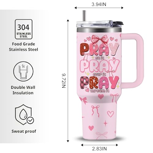 Pink Christian Inspirational Tumbler, Pray Over It Bible Verse Gifts, Christian Gifts for Women, Daily Prayer Pink Tumbler With Handle Jesus Cup 40oz - color: Christian/Pray Over It
