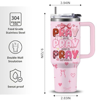 Pink Christian Inspirational Tumbler, Pray Over It Bible Verse Gifts, Christian Gifts for Women, Daily Prayer Pink Tumbler With Handle Jesus Cup 40oz - color: Christian/Pray Over It