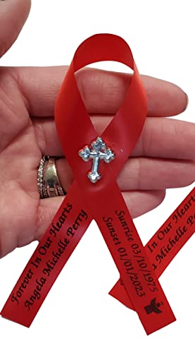 Personalized Memorial Service Funeral Ribbon Pins 20 Cross Religious Celebration of Life Custom Made Awareness Remembrance Anniversary Death Cross Sympathy Name Angel - color: Red