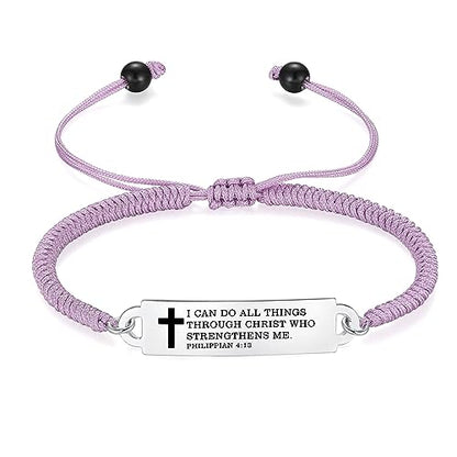 Bible Verse Bracelet-Stainless Steel Scripture Quotes Inspirational Bracelet Faith Christian Bracelet for Women, Christmas gift for women - color: Braided rope-Purple