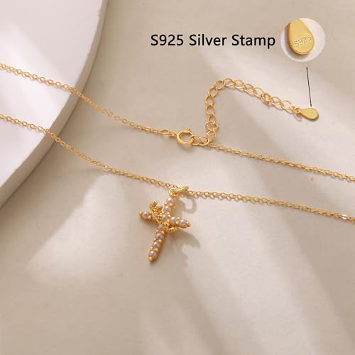 925 Sterling Silver Cross With Crown Necklace for Women 16+2 Inch - color: Gold + Pearl