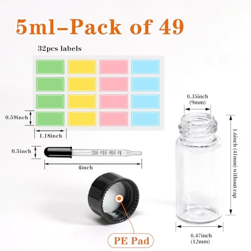 5ml Clear Glass Screw Cap Vials 50pcs Small Bottle with Droppers & Lables - size: 5ml 49pcs
