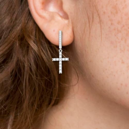 14K Gold Plated Cross Earrings for Women Men, CZ Cross Dangle Earrings Hypoallergenic Jewelry Gift - color: Silver