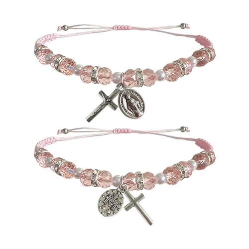 Bovemee 2Pcs Handmade String Miraculous Medal Pink Virgin Mary Bracelets, Crucifix Cross Red Rosary Bracelet Catholic Gift for Women Men - color: Pink