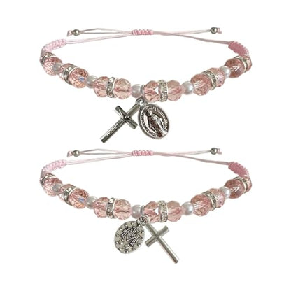 Bovemee 2Pcs Handmade String Miraculous Medal Pink Virgin Mary Bracelets, Crucifix Cross Red Rosary Bracelet Catholic Gift for Women Men - color: Pink