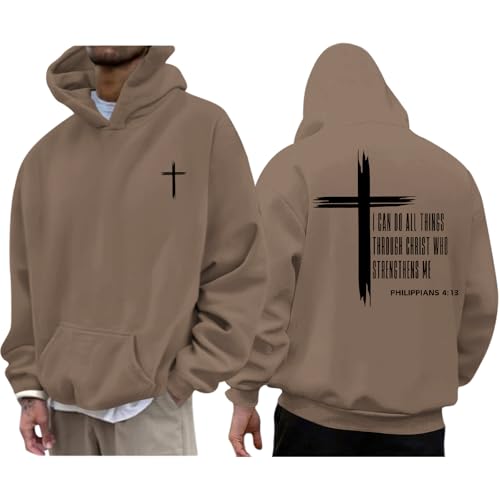 Tuislay Mens I Can Do All Things Through Christ Hoodies Christian Jesus Hoodie Religious Cross Sweatshirt Faith Pullover Tops - color: Coffee, size: Large